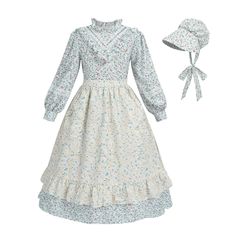 PRICES MAY VARY. THREE-PIECE SET: This colonial costume girls set includes 1* floral print prairie dress, 1* matching bonnet, and 1* floral print apron. The girls pioneer dress available in three colors: blue, pink, and light green. FEATURES: The girls' colonial dress features stand-up collar with ruffle trim, hollow-out details on the front, back zipper, full sleeves gathered to buttoned cuffs. The colonial bonnet has elastic at the back and an same calico fabric ties under chin. It’s designed Pioneer Apron, Pioneer Dresses, Victorian Era Dress, Victorian Dress Costume, Colonial Costume, Three Colors Blue, Pioneer Dress, Pioneer Days, Colonial Dress