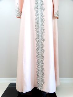 "This is an exquisite vintage silk gown beautifully detailed and hand beaded. It's in excellent condition! Measurements: Bust - 40\" Waist - 34\" Hips - 52\" Length - 56\" Tag Size - please refer to measurements This dress comes from a pet-free and smoke-free home. If you would like more info or have any questions, please don't hesitate to ask!" Evening Embellished Silk Kaftan, Evening Silk Embellished Kaftan, Hand Embellished Floor-length Wedding Kaftan, Hand Embellished Floor-length Kaftan For Wedding, Floor-length Hand Embellished Kaftan For Weddings, Fitted Floor-length Evening Kaftan, Fitted Floor-length Kaftan For Evening, Elegant Fitted Embellished Kaftan, Traditional Hand Embellished Evening Gown