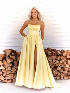 Elegant A-Line Scoop Neck Cross Back Yellow Satin Long Prom Evening Dresses with Split Pastel Yellow Prom Dress, Emily Ratajkowski Style, Simple Prom Dress Long, Yellow Prom, Dresses Yellow, Prom Dress Inspo, A Line Prom Dress, Prom Dresses With Pockets, Prom Dresses Yellow