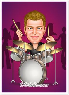 a caricature of a man playing drums in front of people on purple background