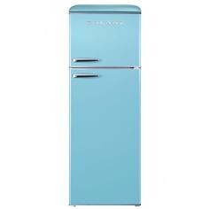 a blue refrigerator freezer sitting on top of a white wall