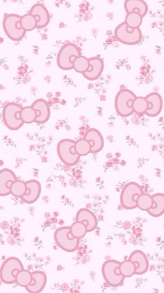 a pink hello kitty wallpaper with flowers and hearts on the bottom half of it