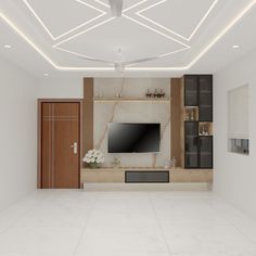 an empty living room with white walls and marble flooring