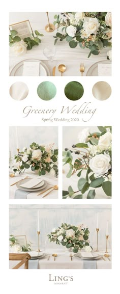 the wedding table is set with white flowers and greenery