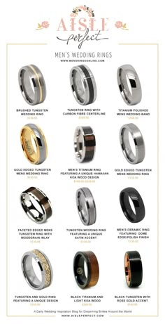 the different types of wedding rings are shown in this poster, which includes an image of men's and women's wedding bands