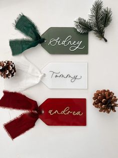 three christmas tags with pine cones and evergreens on the top one is red, white and green