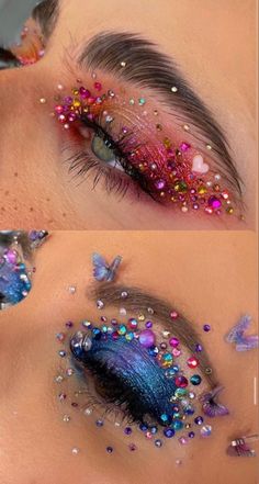 Bejeweled Inspired Makeup, Bejewel Makeup, Bejeweled Halloween Makeup, Edm Makeup Ideas Glitter, Colorful Rhinestone Makeup, Festival Makeup Eyes, Bedazzled Makeup Rhinestones, Beyond Wonderland Makeup, Rainbow Rhinestone Makeup