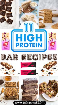 the cover of high protein bar recipes, with pictures of different bars and desserts