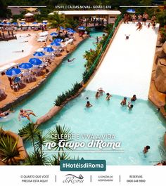 an advertisement for a hotel with people swimming in the pool