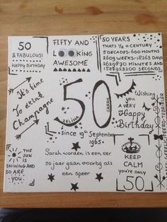 the 50th birthday card has been drawn with black ink and is on top of a wooden table