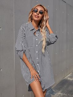 Black and White Casual  Three Quarter Length Sleeve Polyester Striped Shirt Embellished Non-Stretch Spring/Summer Women Dresses Striped Shirt Women, Striped Tunic Dress, Clubwear Dresses, Striped Shirt Dress, Belted Shirt Dress, Ribbed Knit Dress, Dress Shirt Sleeves, Vintage Maxi Dress, Ruffle Hem Dress