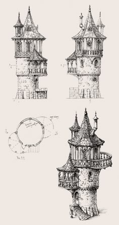 three drawings of different types of buildings