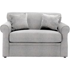 a gray couch with two pillows on it's back and one arm facing the camera