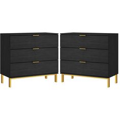 two black and gold dressers side by side on a white background, with one drawer open