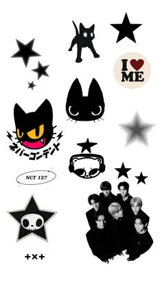 some black and white stickers on a white background with stars, cats, and other things