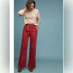 New With Tags Anthropologie Cassidy Belted Wide Leg Pants In The Color Cedar In Size 14. These Are High Waisted, Fall Beautifully With A Tad Of Stretch And Have Plenty Of Length. Belt Is Attached. Retailed For $120. Please Ask For Measurements If Needed! Red High Waist Jeans For Work, High Waist Red Jeans For Work, Red Wide Leg Jeans For Work, Red Cotton Wide Leg Work Pants, Chic Red Mid-rise Pants, Camel Color Dress, Luxe Wardrobe, 90s Womens Fashion Hip Hop, Wide Leg Linen Trousers