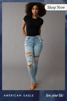 Next Level Stretch/Our softest, stretchiest, never-loses-its-shape denim/Won't bag out. Ever./Light wash/Ripped Everyday Stretch Distressed Jeans, Stretch Distressed Bottoms For Everyday, Everyday Stretch Distressed Bottoms, Distressed Stretch Bottoms For Everyday, Everyday High Waist Ripped Bottoms, Everyday Light Wash High-waist Jeggings, Trendy Light Wash Jeggings For Everyday, Casual Ripped Medium Wash Jeggings, Aerie Bras