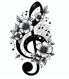 a music note with flowers and musical notes on the side, in black and white