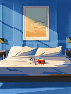 a painting of a bedroom with blue walls