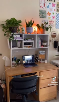 a desk with a laptop computer on top of it next to a potted plant