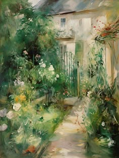 an impressionist painting of a house with flowers in the foreground and a path leading to it