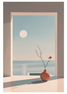 a vase with a plant in it sitting on a window sill overlooking the ocean