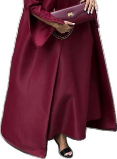 Elegant Solid Abaya For Fall, Elegant Solid Color Abaya For Fall, Elegant Burgundy Outerwear For Party, Elegant Burgundy Party Outerwear, Elegant Satin Outerwear For Winter, Elegant Evening Abaya For Fall, Elegant Red Long Sleeve Abaya, Elegant Long Sleeve Red Abaya, Elegant Cape Abaya For Evening