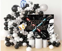 PRICES MAY VARY. 【Package Included】165pcs black and white balloon garland kit includes 1pcs Backdrop（180cm width x 110cm height），18-inch, 12-inch, 10-inch, and 5-inch latex balloons (detail see image), and 3pcs balloon arch DIY accessories. Our latex balloons are made from high-quality materials, ensuring that they maintain their shape and color for longer periods. This happy birthday backdrop High-resolution digital print with eye-catching details and lifelike colors. 【Easy to Assemble】The ball Star Wars Balloon Arch, Star Wars Balloons, Star Wars Themed Birthday Party, Black And White Balloons, Balloon Arch Diy, Star Birthday Party, Star Wars Birthday Party, Arch Kit, White Balloons