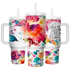 three floral coffee mugs with matching lids