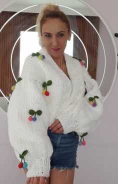 chunky knit long puff sleeve cherry cardigan is knitted with quality yarns that you can wear for years. white cherry cardigan It has been knitted with non-fading yarns for many years, Cherry white Sweater for women was originally hand knitted by me. You can give it to your lover, your spouse on your wedding anniversary, or your mother on mother's day as a gift that will make them feel special. I own all intellectual property and design rights of cherry cardigan. SİZE : OVERSİZE ( XS/S/M/L) HAND Cherry Cardigan, Thick Knit Cardigan, Handmade Cardigan, Cardigan Handmade, Thick Cardigan, Cherry Pattern, The Cardigans, Princess Sleeves, Cardigan For Women