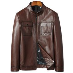 For A Refined, Sleek Look, Add This Cool Jacket To Your Wardrobe Staples. Featuring Two Front Flap Pockets And Ultra Lightweight Constructed From Lambskin Leather. Great For Outdoors And Party Wear! Features Outer Shell: Real Lambskin Leather Finish: Nappa Lining: Fully Lined With Polyester Taffeta Closure Style: Front Metal Button Closure Collar Style: Mandarin Cuffs Style: Button Snap Outside Pockets: 2 Front Flap Patch Pockets Inside Pocket: One Zippered Pocket Winter Brown Leather Jacket With Pockets, Brown Leather Jacket With Pockets For Winter, Brown Business Outerwear With Pockets, Masculine Leather Outerwear With Pockets, Luxury Brown Outerwear With Pockets, Luxury Brown Leather Jacket With Pockets, Masculine Brown Outerwear With Pockets, Luxury Brown Business Outerwear, Luxury Brown Outerwear For Business