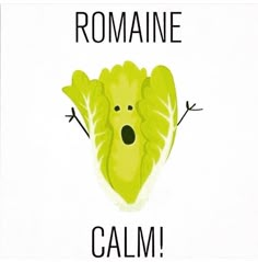 the words romaine calm are written in black on a white background with an image of a head of lettuce