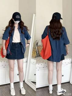 Ulzzang Summer Outfits, Korean Denim Outfit, Korea Summer Outfit, Casual Ootd Korean, Asian Summer Outfits, Jeans Skirt Outfit Korean, Korea Summer Fashion, Denim Skirt Outfit Korean, Denim Skirt Korean Outfit