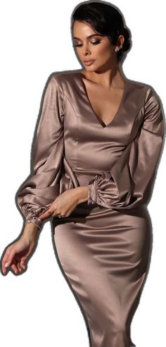 Elegant V-neck Midi Dress With Elastic Sleeves, Elegant Fitted Satin Dress With Puff Sleeves, Elegant Mini Dress With Elastic Sleeves For Fall, Elegant Fall Mini Dress With Elastic Sleeves, Elastane Dress For Party, Satin V-neck Bodycon Dress For Evening, Long Sleeve Satin Bodycon Evening Dress, Long Sleeve Satin Bodycon Dress For Evening, Fitted Satin V-neck Mini Dress