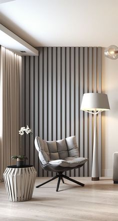 a modern living room with striped walls and flooring