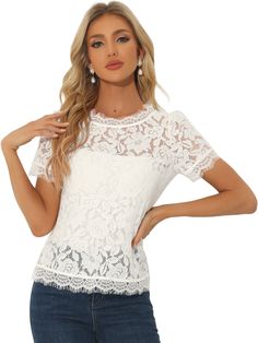 Shop Allegra K for lace floral scalloped trim short sleeve semi sheer blouse you are looking for, get more women's blouses for yourelf. Order now! Free Returns! Floral Lace Top, Sheer Lace Top, Scalloped Trim, Women's Blouses, Scalloped Edges, Model Body, Sheer Blouse, Cami Top, Sheer Lace