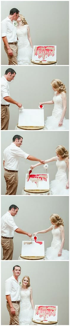 a man and woman standing next to each other in front of a cake with red icing on it