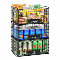 three tiered food storage rack with soda cans and snacks