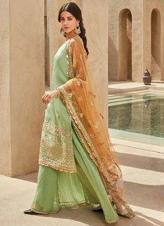 Dusty Green Embroidered Sharara Suit | Lashkaraa South Asian Clothes, Embroidered Sharara, Asian Clothes, Dusty Green, Sharara Suit, Shades Of Gold, Net Dupatta, Asian Outfits, New Launch