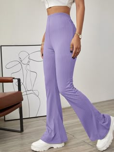 Lilac Purple Casual Collar  Fabric Plain Flare Leg Embellished High Stretch Spring/Summer/Fall Women Bottoms Purple Pants, Women Pants Casual, Casual Trousers, Knit Pants, Casual Streetwear