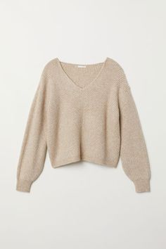 Sweater in a soft knit with wool content. V-neck  dropped shoulders  and long  wide sleeves. Ribbing at cuffs. Aesthetic Sweaters, High Fashion Accessories, Beige Pullover, Pullover Outfit, Cropped Pullover, Dress Sweater, Oversize Fashion, Women Sweater, Beige Sweater