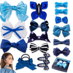 PRICES MAY VARY. 【Various styles】The set includes 18pc beautiful hair bows clips for girls in various styles, sizes, and materials.The main color is blue.It contains 10pcs individual alligator hair clip bows,two pairs of hair clip bows,one pair of elastic hair tie bows and one pair of snap clip hair bows.From mini hair bows to large hair bows.It caters to all your daily outfit needs. 【High-quality materials】These cute and charming handmade hair bows are crafted from high-quality materials such a Hair Tie Bows, Gift Set Beauty, Cute Hair Ties, Hair Clips Cute, Mini Hair Bows, Small Hair Bows, Hair Clip Bow, Blue Hair Bows, Hair Bows For Girls