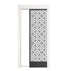 an open white door with intricate ironwork on the glass and side panel, isolated against a white background