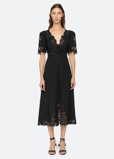 Marcella Dress – Sea, New York Scalloped Lace V-neck Dress For Brunch, Delicate Lace V-neck Dress For Brunch, Chic V-neck Midi Dress With Lace Trim, Chic V-neck Midi Dress With Scalloped Lace, Fitted V-neck Dress With Contrast Lace, Elegant Midi Dress With Lace Trim For Daywear, Chic V-neck Dress With Delicate Lace, Spring Evening Lace Dress With V-neck, Feminine V-neck Delicate Lace Dress