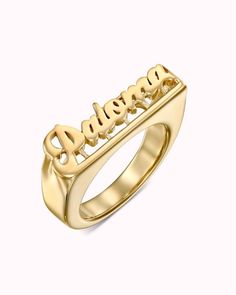 This ring, with its groovy lettering and thick frame, will have you disco dancing in style. Available in 925 sterling silver, 18k yellow gold plated and 18k rose gold plated. Item Capitalization:  Title Case  (the first letter of each word is capitalized) Groovy Lettering, Disco Dancing, Rose Gold Initial, Signet Rings Women, Name Ring, Disco Dance, Name Rings, Gold Signet Ring, Initial Ring