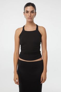 BECKS TANK TOP – The Line by K Fitted Ruched Yoga Tops, Fitted Tank Top For Everyday, Fitted Knit Tank Top For Everyday, Fitted Ruched Cami Tank Top, Fitted Modal Camisole Tank Top, Fitted Ruched Top With Tank Straps, Fitted Sleeveless Sporty Camisole, Fitted Cotton Tank Top, Stretch Modal Tank Top With Seamless Construction