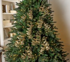 a christmas tree decorated with gold ribbon and lights