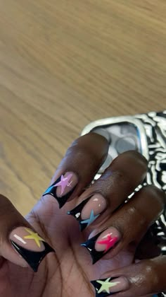 First Day Nails, Fye Nails Acrylic, Star Duck Nails, Short Nails Acrylic Design 2024, Nail Designs With Stickers, Dope Nails Square, Colorful Star Nails, Nails With Stars Design, 777 Nails