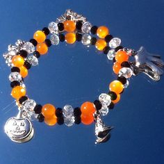 Halloween Bracelet, Halloween Charm Bracelet, Pumpkin Bracelet, Crystal Charm… Pumpkin Bracelet, Halloween Charm Bracelet, Creepy Spider, Halloween Bracelet, Bracelet Inspo, Halloween Charms, Bracelet Crystal, Czech Crystal, Fall Jewelry