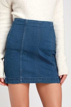 Maxi Skirt, Pencil Skirts, Denim Skirt & Mini Skirts | Lulus Blue Mini Denim Skirt For Fall, Fall Blue Denim Mini Skirt, Distressed Denim Skirt, Free People Skirt, Stretch Skirt, Free People Jeans, Free People Denim, Blue Skirt, Leather Mini Skirts